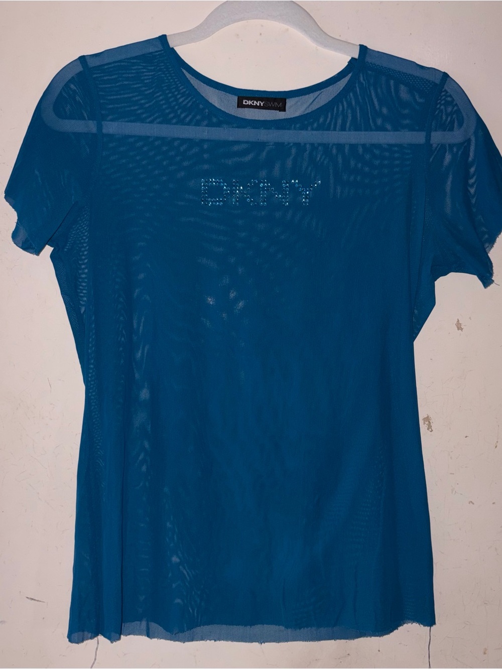 DKNY Teal Blue Sheer Mesh Short Sleeve Tee